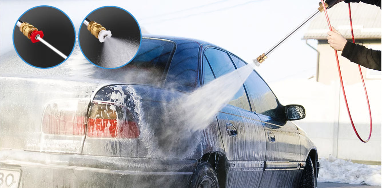 Dual-nozzle spray gun washing a car