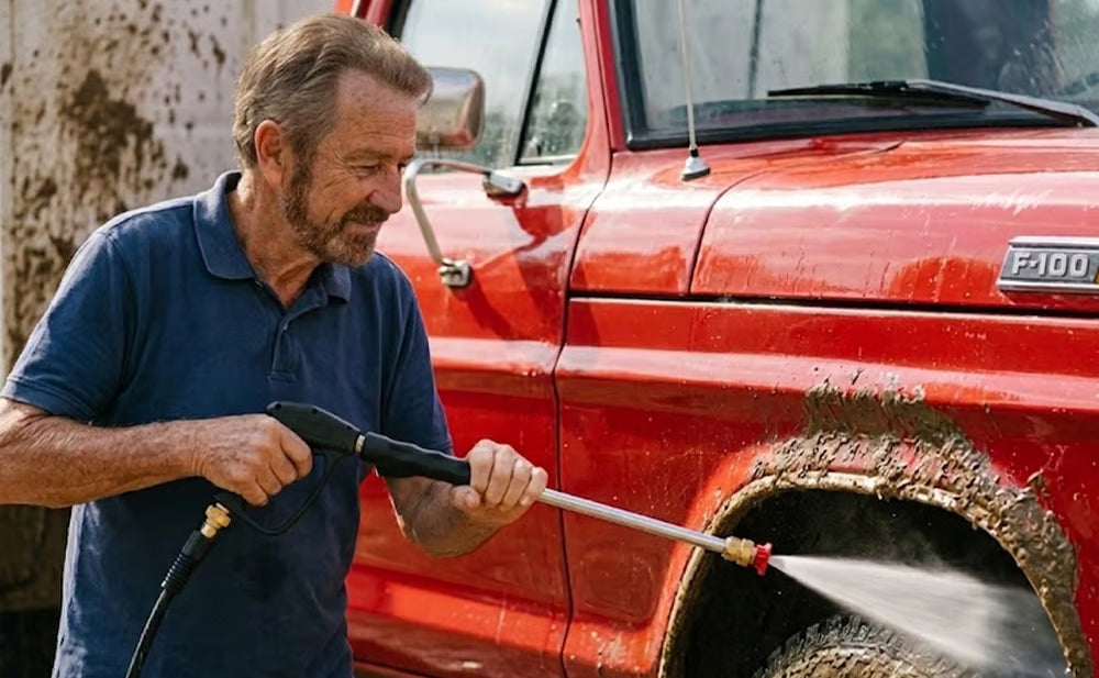 Spray gun washing a truck