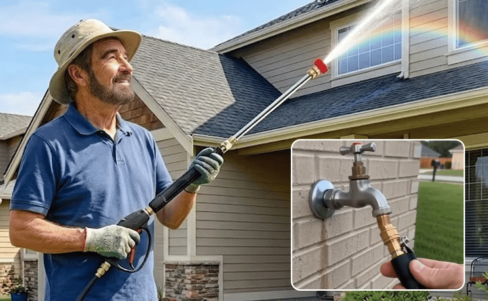 Spray gun cleaning home exterior and siding