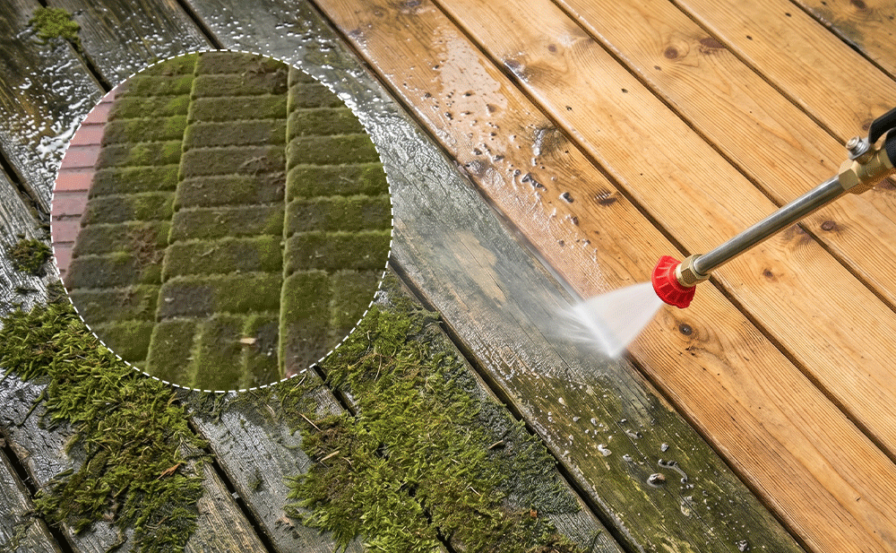 Spray gun cleaning wooden deck and moss